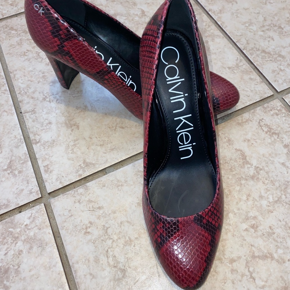 Calvin Klein Octavia Two-Tone Snake Print Pumps in Barn Red, size 9.5 Women’s